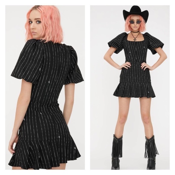 NWT I.AM.GIA Chelsey Mini Dress Black Pinstripe Puff Sleeve Corset Small Blogger - Picture 7 of 11